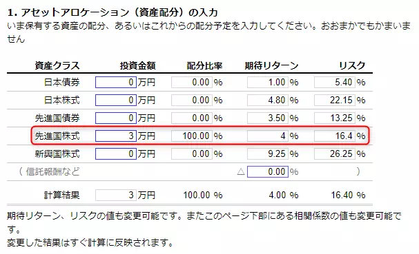 アセットアロケーションの入力例