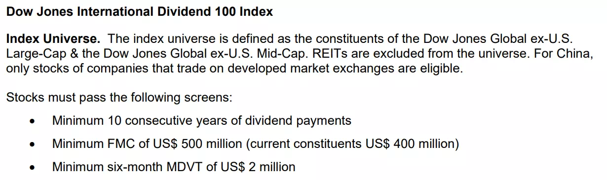 銘柄の見直し条件（Dow Jones U.S. Dividend 100 Index）