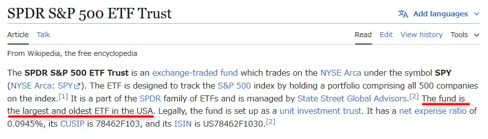 アメリカでもっとも古いETFであることを記載されているページ（出典：Wikipedia）