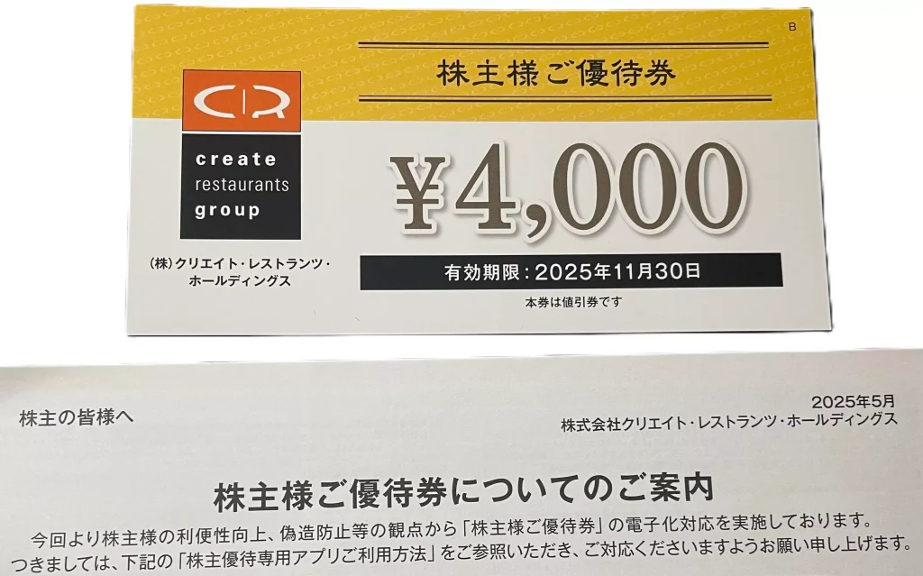 クリエイト・レストランツ・ホールディングスの例(画像は、200株の場合の優待券)