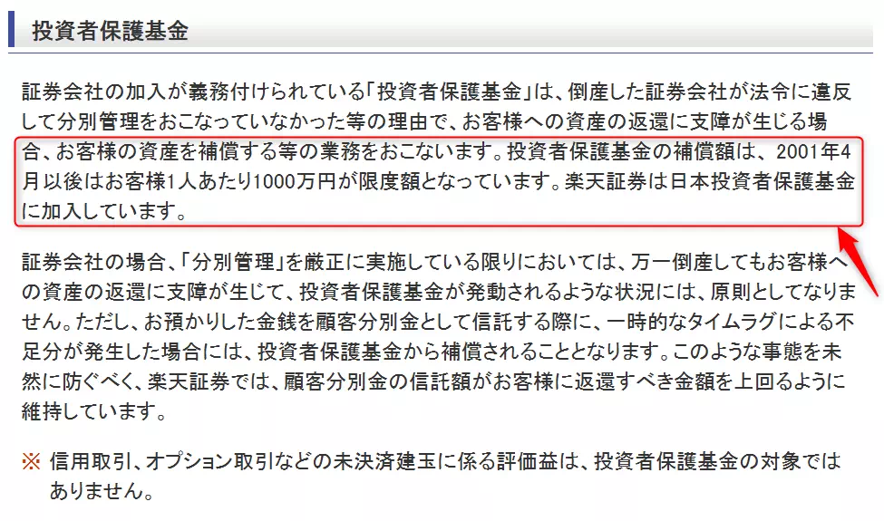 投資者保護基金の補償内容(出典:楽天証券)