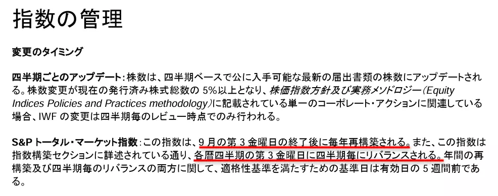 S&P500指数の変更のタイミング（出典：S&P ダウ・ジョーンズ・インデックス）