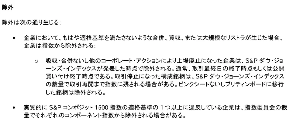 S&P500指数の除外タイミング（出典：S&P ダウ・ジョーンズ・インデックス）