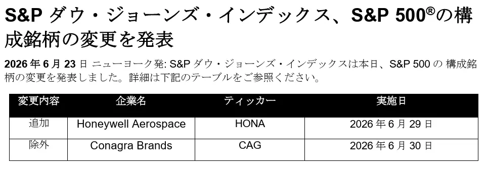 2026年6月23日に発表された構成銘柄の追加・削除（出典：S&P ダウ・ジョーンズ・インデックス）